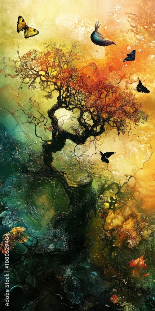 Poster a tree with a butterfly on it. there are three butterflies in the image
