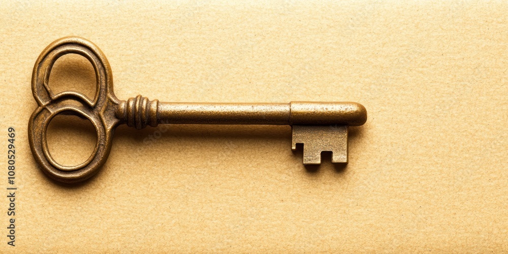 Poster a vintage key resting on a textured surface, symbolizing access and unlocking potential.