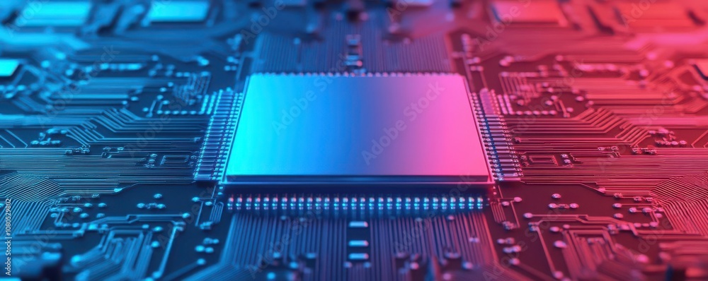 Poster a close-up view of a modern microchip on a circuit board, illuminated in blue and red hues, highligh