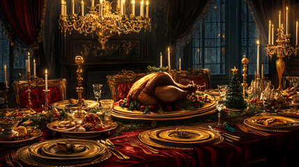 Victorian christmas eve dinner, opulent dining table with velvet drapes, candelabras, gold-rimmed plates, roasted goose and traditional victorian dishes,. Opulent. Illustration