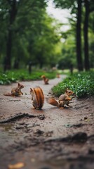 Obraz premium A group of squirrels foraging on a forest path.