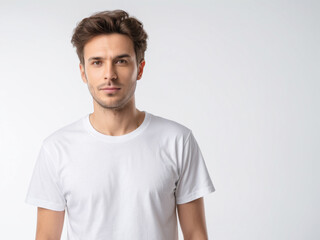 Fototapeta premium Man wear a plain White T-Shirt Isolated with White Background
