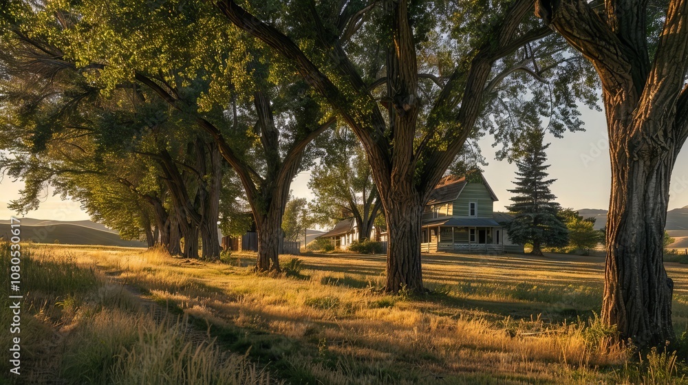 Poster a row of trees with a house in the background. the house is a small one story building