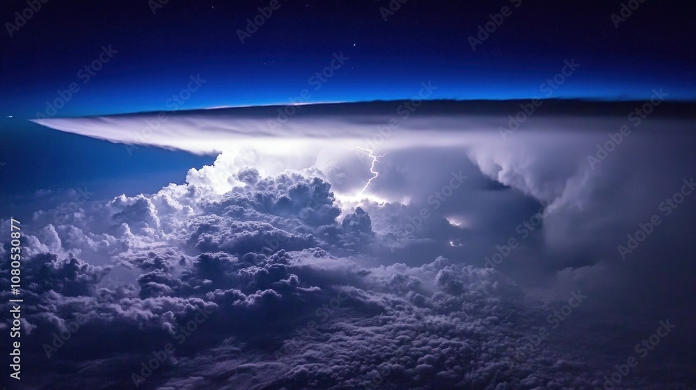 Poster a view of a lightning storm from an airplane, with a bright flash illuminating the clouds below.