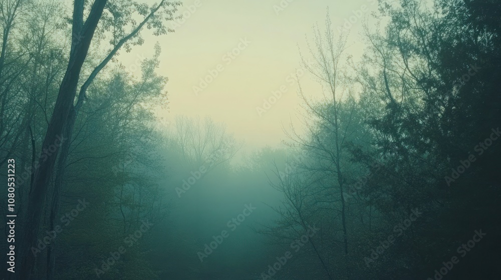 Poster a misty forest scene with trees silhouetted against a hazy sky, creating an ethereal and mysterious 