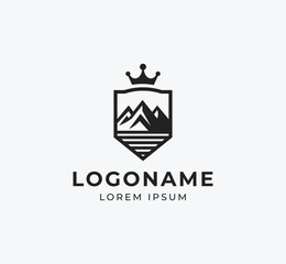 Mountain Logo with Shield and Crown. Elegant, Minimalist Adventure Emblem Design