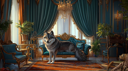 Wolf in a luxurious interior with rich curtains and elegant decor. Opulent. Illustration