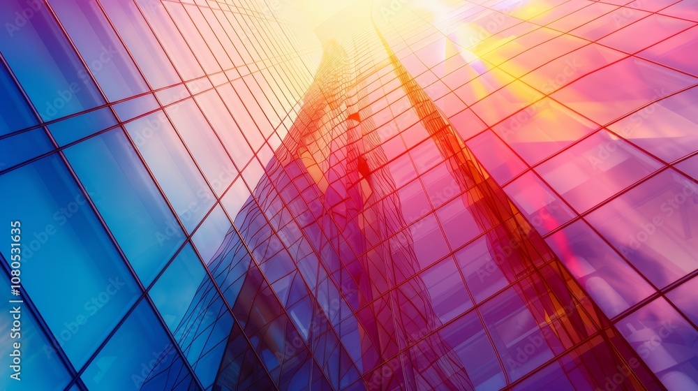 Poster dynamic view of a modern skyscraper with colorful reflections and sunlight, showcasing urban archite