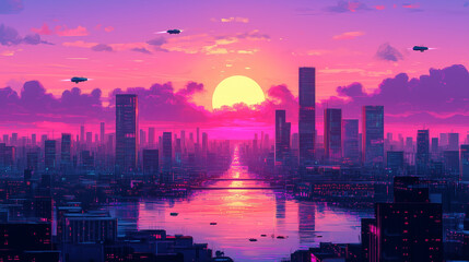 Fototapeta premium Futuristic City Skyline at Dusk with Neon Glow and Skyscrapers Reflecting Sunset Hues – A Cyberpunk Urban Landscape of Tomorrow’s Technology