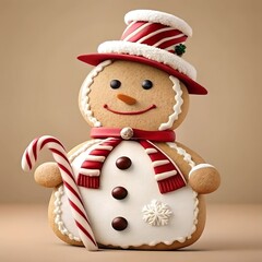 Fototapeta premium Snowman shaped gingerbread cookies. Christmas festive traditional sweets, baking, cookies, biscuit, gingerbread man.