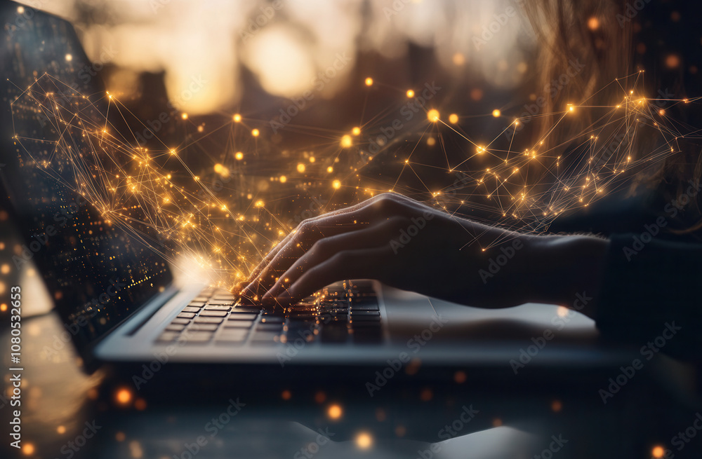Fototapete a person typing on a laptop with glowing digital data flowing from the keyboard, symbolizing technol