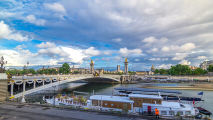 Bridge of Alexandre III spanning the river Seine timelapse hyperlapse. Paris. France.