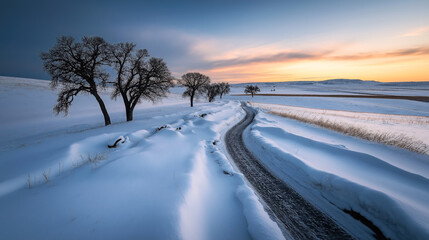 Snow-covered landscape with bare trees and a winding path at sunset in a rural winter scene