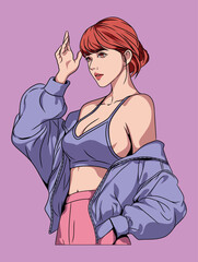 Modern Korean Style Portrait of a Fashionable Young Woman Pink Hair in Streetwear Vector Design illustration