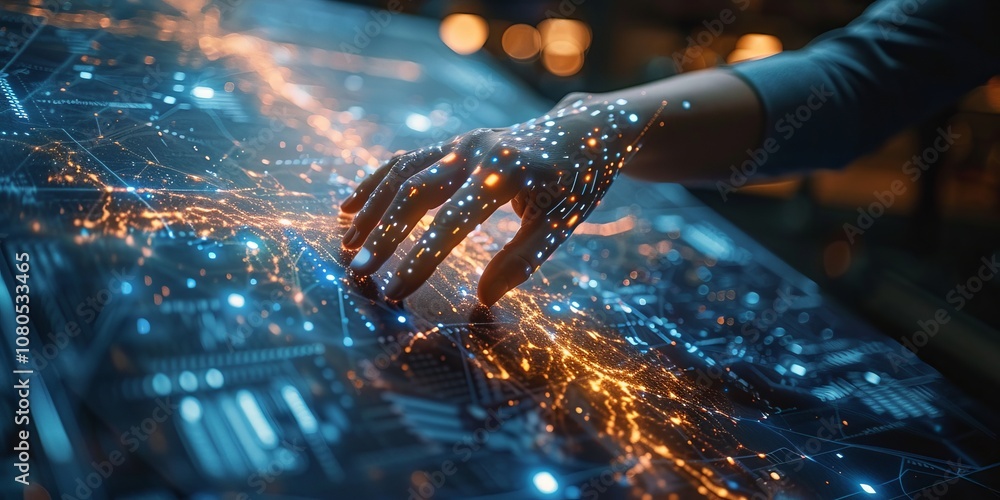 Poster hand interacting with a holographic interface featuring glowing data points and complex network patt
