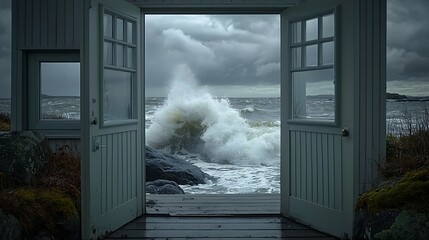 A Scenic Ocean View Through Open Doors with Dramatic Waves and Stormy Skies, Inviting Nature's Power Into a Tranquil Space Perfect for Serene Imagery
