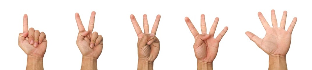 Set of images of men's hands counting the numbers 1,2,3,4,5 in order from least to greatest. Isolated on a white background.