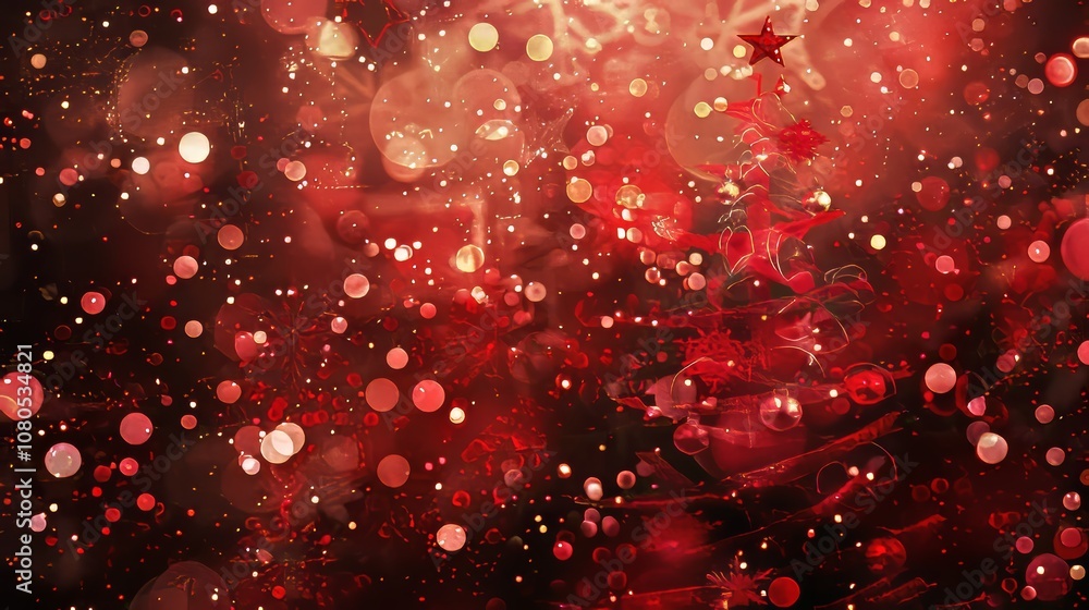 Poster a red background with a red star and snowflakes. the snowflakes are scattered all over the backgroun