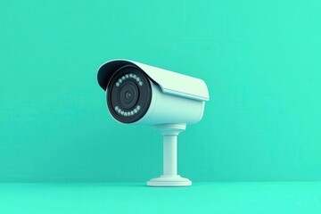 A modern surveillance camera on a teal backdrop, symbolizing security and monitoring technologies in a vibrant and minimalist design.