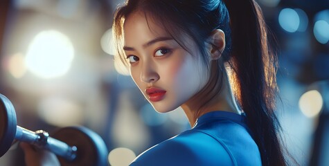 Fototapeta premium An Asian woman doing fitness exercises in a gym, with a beautiful face and long hair in a ponytail hairstyle, looking at dumbbells and weights in the background