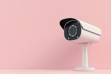 A white security camera is mounted on a stand against a soft pink background, highlighting modern surveillance technology.