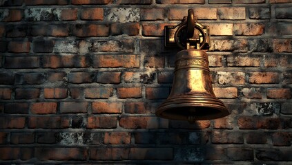Obraz premium An old bell on a brick wall background. The concept of time, history, and education. A visual representation of the timeless nature of learning. 