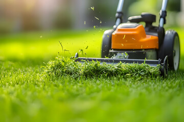 Fototapeta premium Photo - Lawn Mower Cutting Green Grass in Sunny Garden