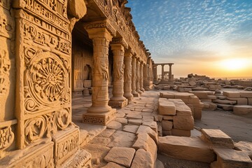 Obraz premium Ancient stone pillars with intricate carvings illuminated by a golden sunset, showcasing the beauty of historical architecture amidst ruins.