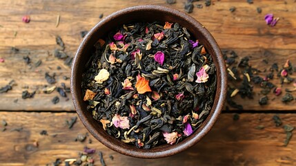 A bowl of black tea blend with dried flowers on a wooden surface.