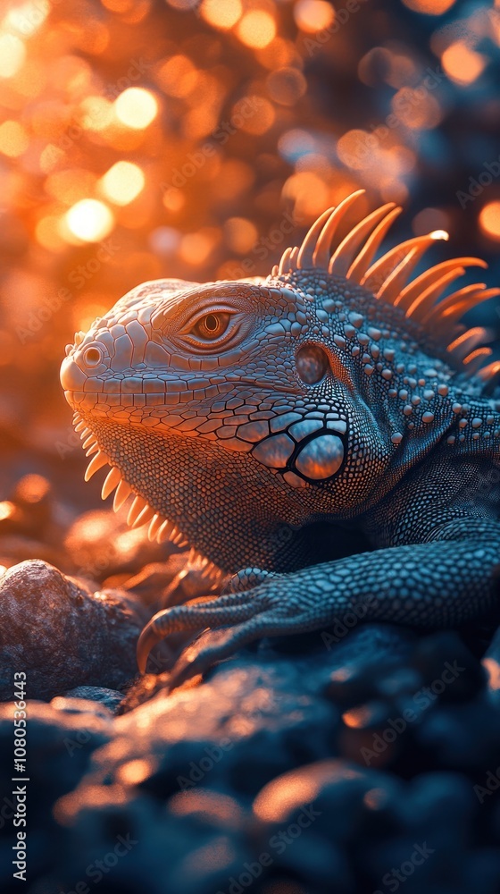 Poster A close-up portrait of an iguana with a warm bokeh background.