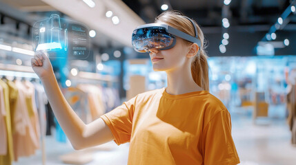 A woman using augmented reality glasses to browse floating holographic clothing options in a modern retail store. Futuristic, sleek, colorful.
