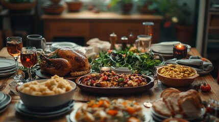 Obraz premium A table set for a Thanksgiving feast with a roasted turkey, stuffing, mashed potatoes, gravy, cranberry sauce, and bread.