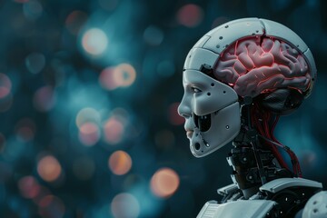 robot with ai technology, side profile, dark blurred background, room for text