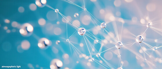 Abstract background with white glowing drops and connecting lines on a blue gradient background, a concept of science or technology research