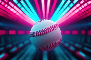 A close-up of a glowing baseball in mid-pitch, with digital effects and motion trails, set against a neon stadium backdrop. Sci-fi, high energy, bright.