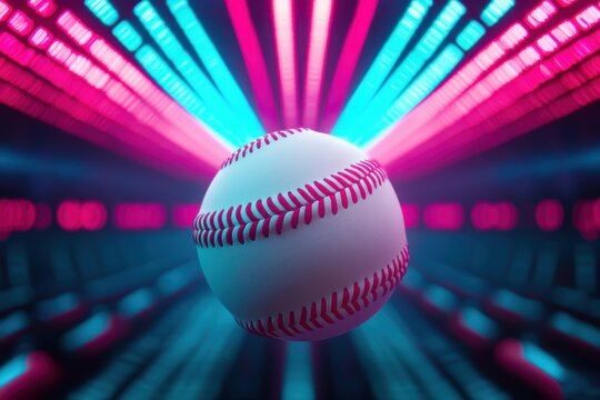 A close-up of a glowing baseball in mid-pitch, with digital effects and motion trails, set against a neon stadium backdrop. Sci-fi, high energy, bright. - Powered by Adobe