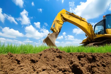 Obraz premium Heavy Machinery Excavating Ground at Construction Site