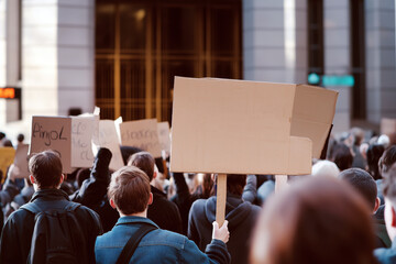 A protest outside a government building with people holding signs demanding jobs and better employment policies.