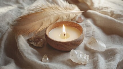 Minimalist altar with candle feather crystals on soft cloth