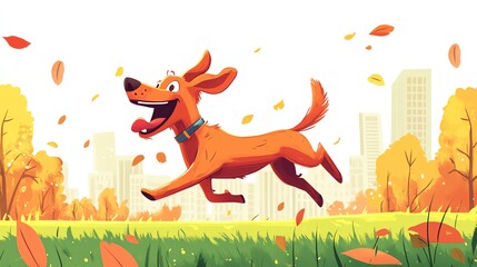 a 2D cartoon illustration of a dog running in the park, fun and energetic, white background--ar 16:9