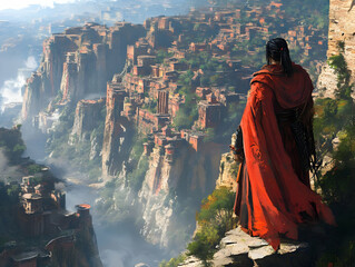 Illustration of Figure in Red Cloak Overlooking Cliffside City