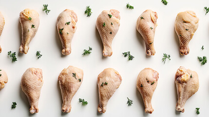 Raw chicken drumsticks arranged in a grid pattern with fresh parsley leaves on a white background, showcasing an overhead view of uncooked poultry for culinary preparation.