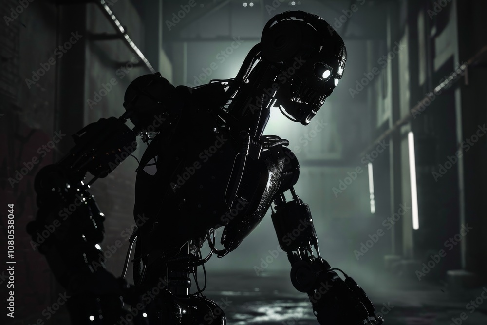 Poster a robot with a skull on its head is walking in a dark room. the robot is black and has a skeleton on