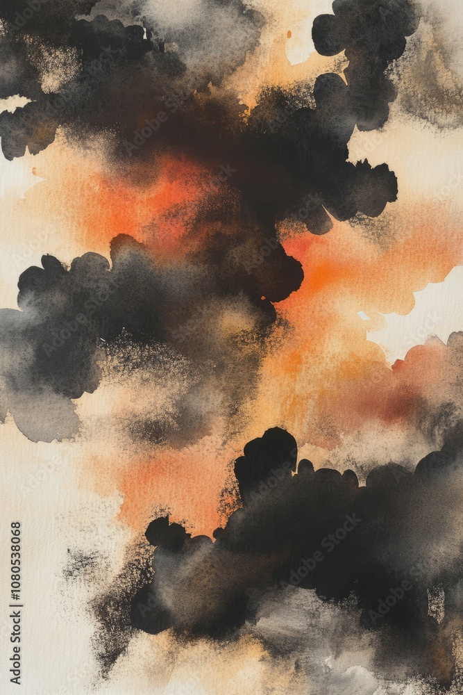 Poster a painting of clouds with a black and orange background. the clouds are in different sizes and shape
