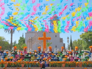 day of the dead altar with the church in front, Mexico