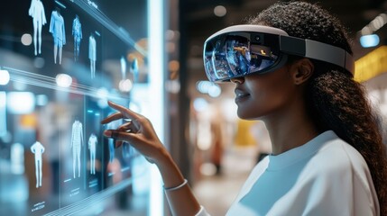A woman using augmented reality glasses to browse floating holographic clothing options in a modern retail store. Futuristic, sleek, colorful.