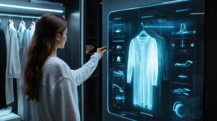A shopper in a smart fitting room using holographic displays to try on digital clothing in front of a glowing mirror. Sci-fi, sleek, dynamic.