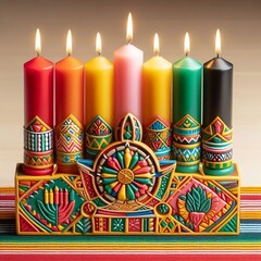Naklejka premium seven Kwanzaa candles on a decorated table with African ornaments, fruits, and corn, symbolizing unity, culture, and gratitude in Kwanzaa traditions