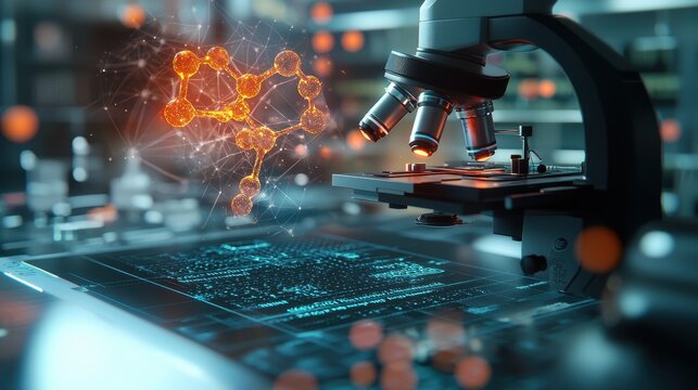 A futuristic microscope with glowing digital readouts, examining a vibrant, floating molecular structure. Sci-fi, sleek, colorful. - Powered by Adobe