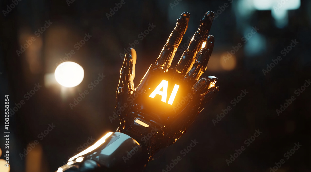 Poster a robotic hand with the word ai glowing on its palm reaches toward the camera